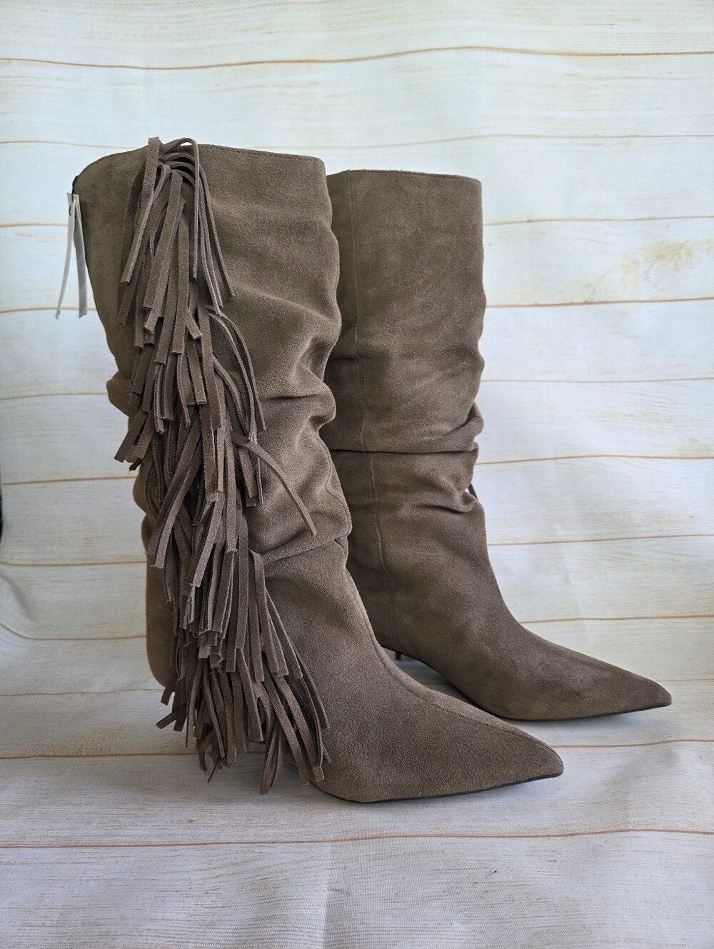 Zara Suede Fringe Ruched Pointy Toe Kitten Heel Boots Boho Brown Tan Size 38 - Picture 5 of 16
